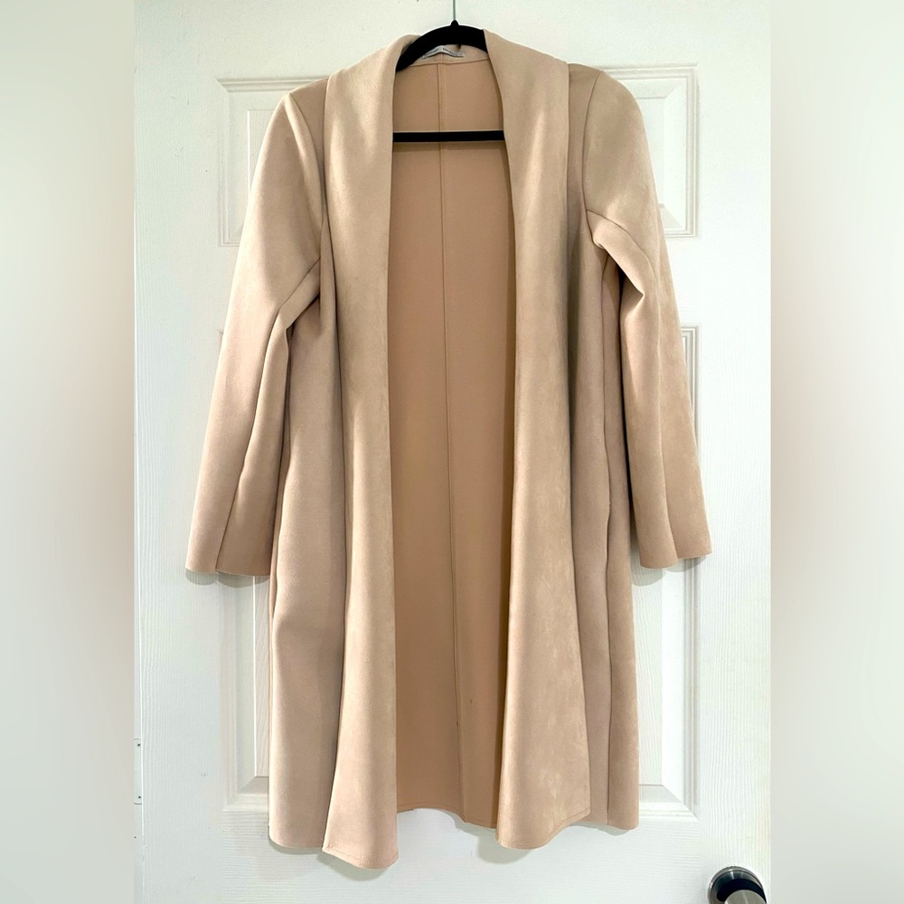 Zara Faux Suede Shawl Open Midi Coat Small